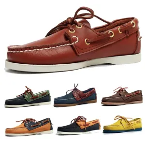 New Genuine Leather Men's Casual Boat shoes Women Loafers Driving Fashion Unisex Handmade Shoes Lace-up