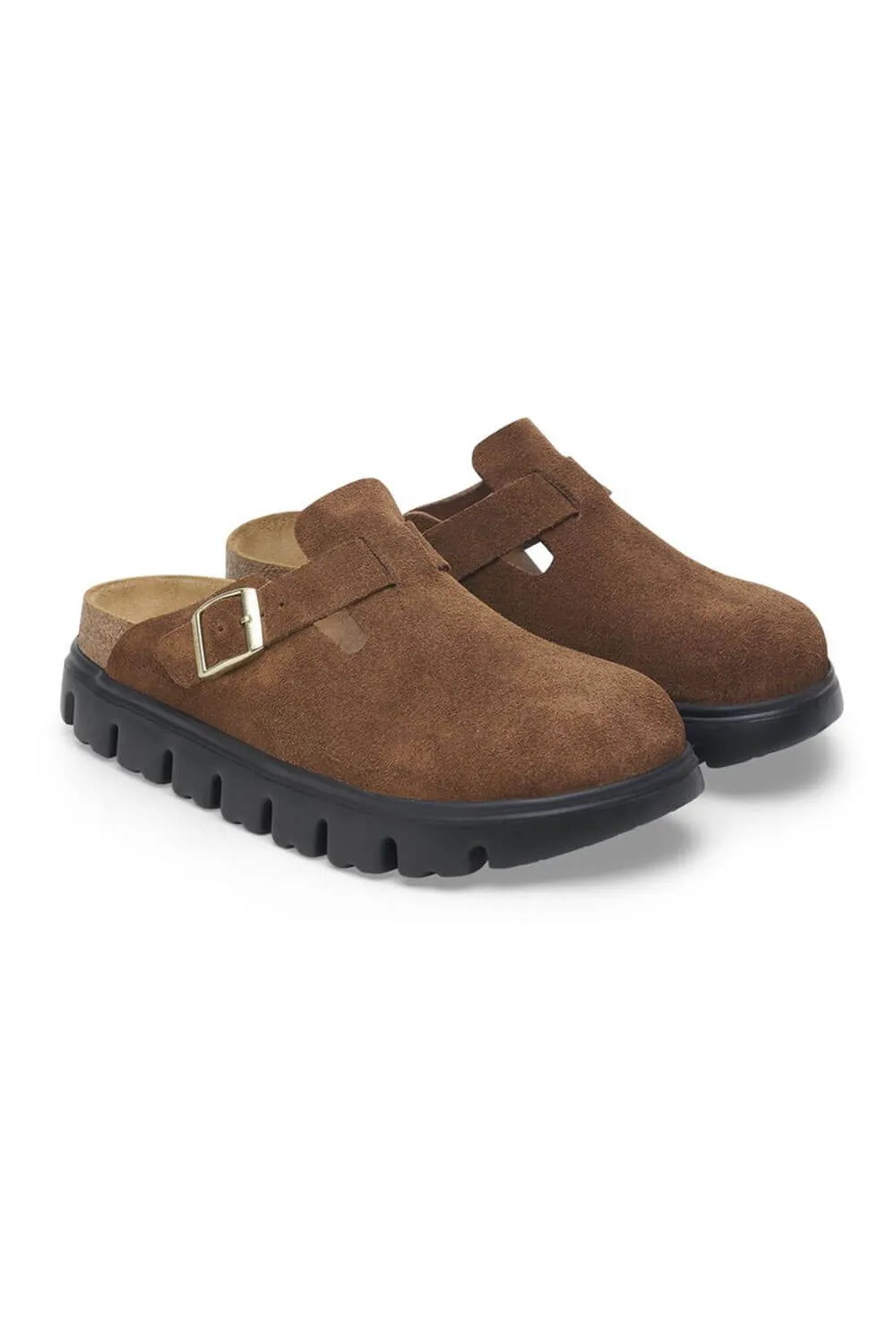 Papillio by Birkenstock Boston Chunky Suede Clogs for Women in Dark Tea | 1028402