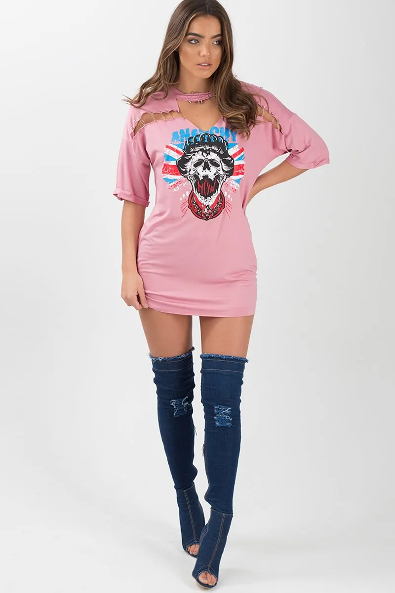 Pink Anarchy Cut Out Pin Detail T-Shirt Dress - Lollie