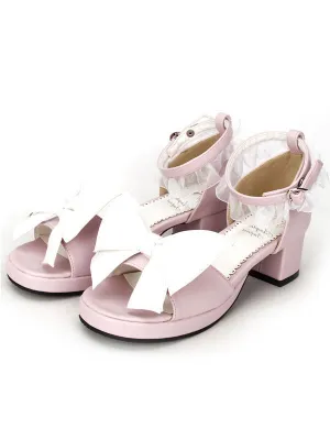 Pink Lolita Sandals Square Heels Lace Trim Ankle Strap Bow Decor