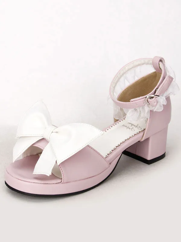 Pink Lolita Sandals Square Heels Lace Trim Ankle Strap Bow Decor