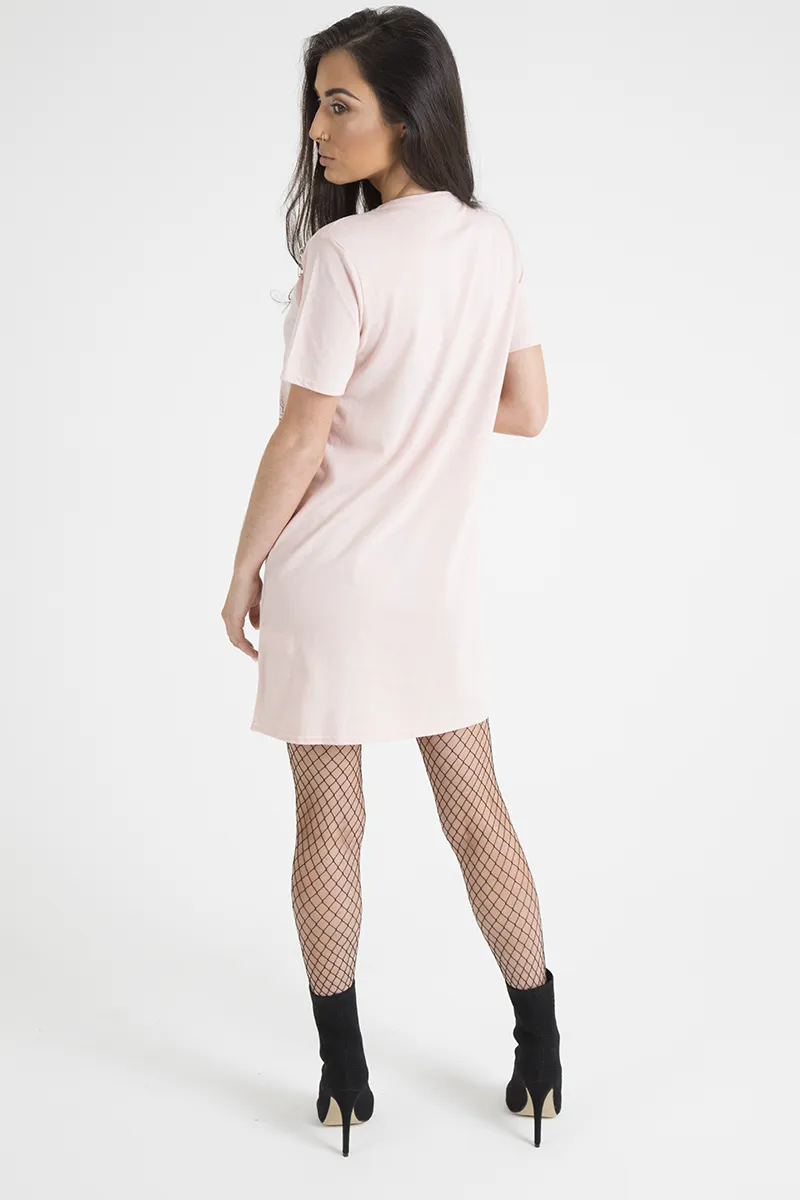 Pink 'Riding In California' Graphic Print Cut Out Pin Detail T-Shirt Dress - Harper