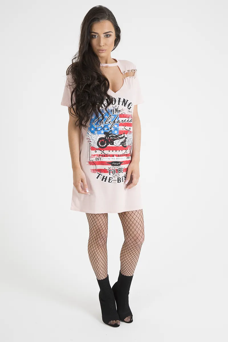 Pink 'Riding In California' Graphic Print Cut Out Pin Detail T-Shirt Dress - Harper