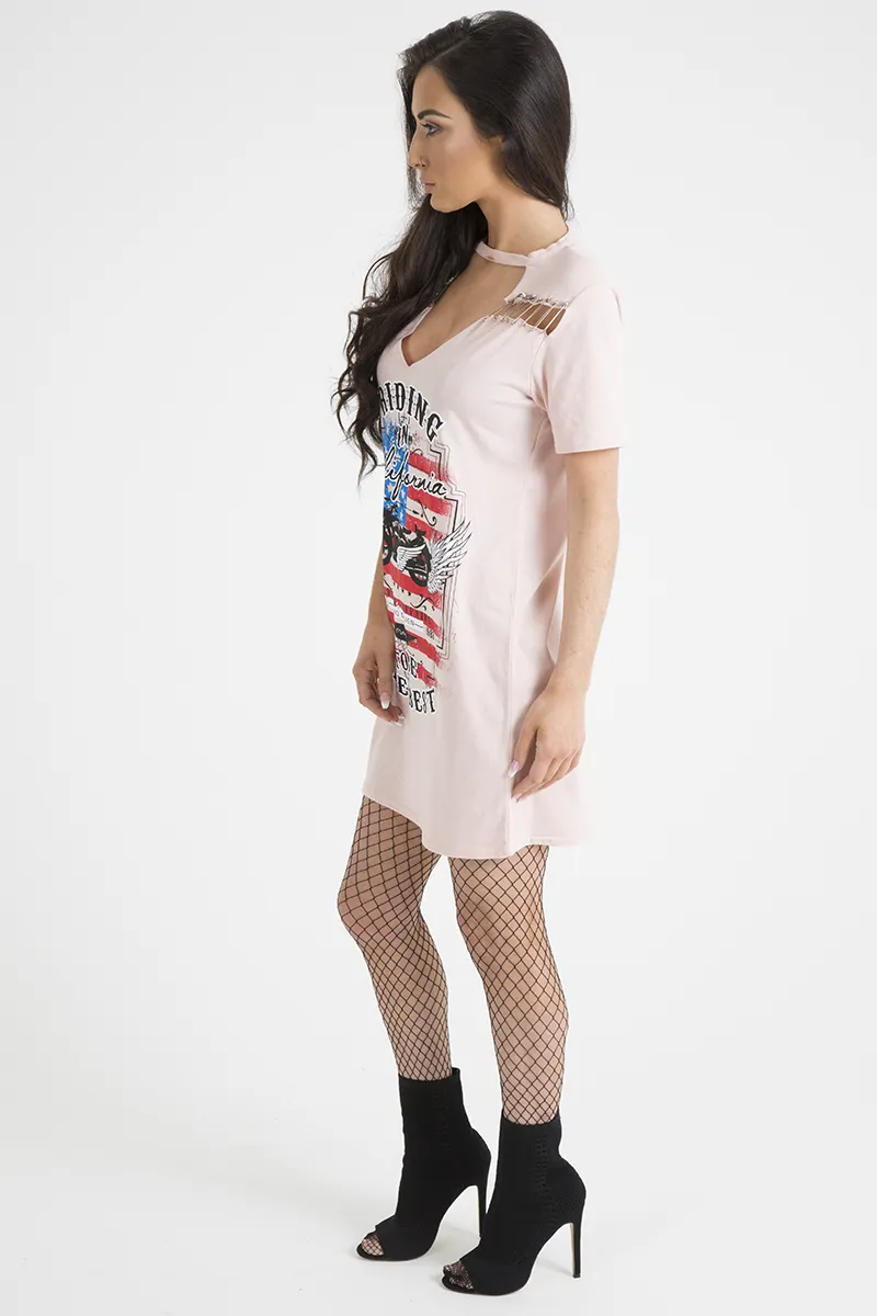 Pink 'Riding In California' Graphic Print Cut Out Pin Detail T-Shirt Dress - Harper