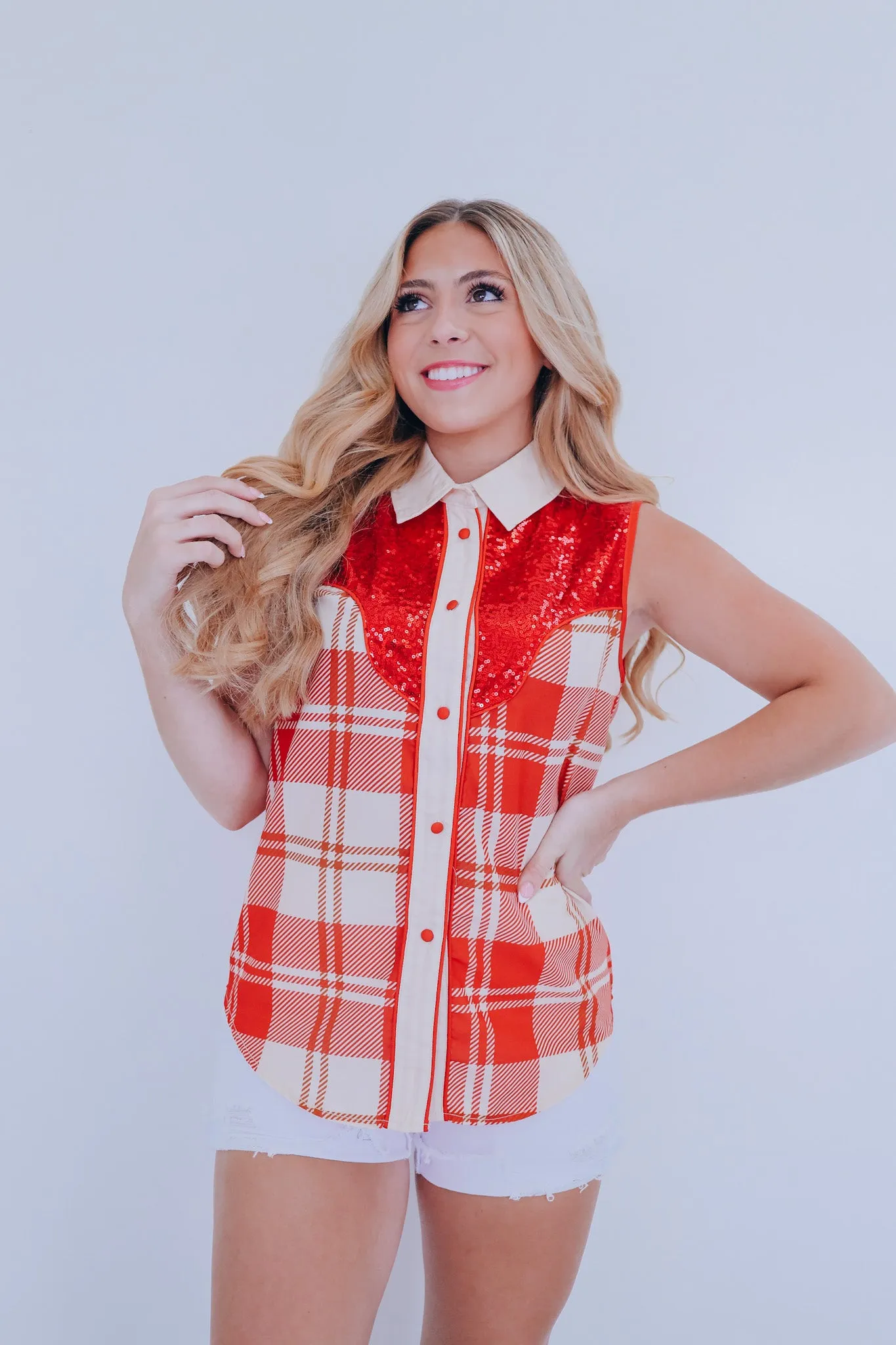 "Yee Haw" Sleeveless Plaid Blouse
