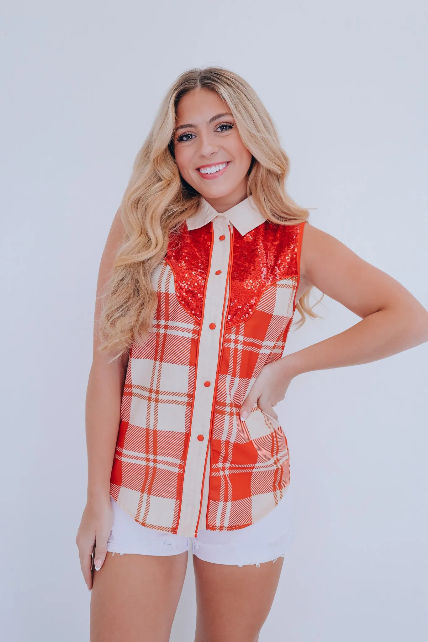 "Yee Haw" Sleeveless Plaid Blouse