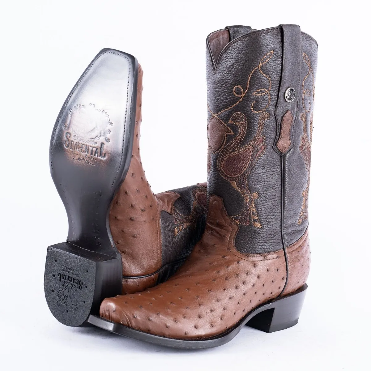 RANCHO SEMENTAL EXOTIC LEATHER Ostrich Brown Cowboy Boots
