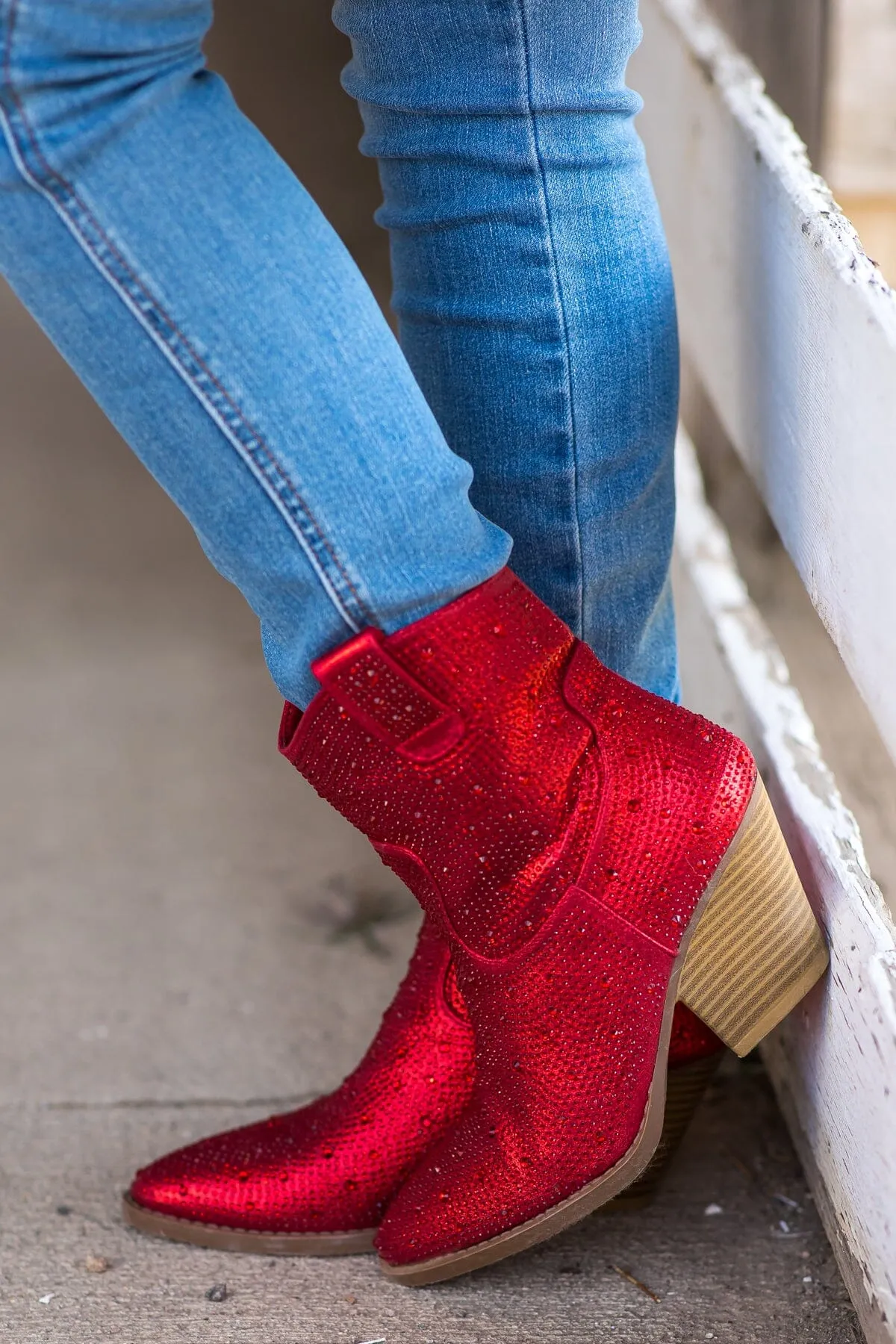 Red Rhinestone Point Toe Western Bootie