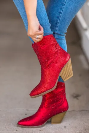 Red Rhinestone Point Toe Western Bootie