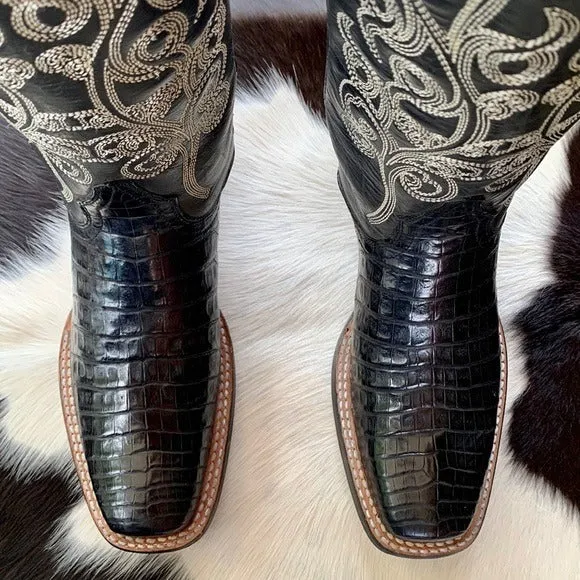 STETSON Handcrafted Caiman Exotic Square Toe Black Cowgirl Cowboy Western Boots