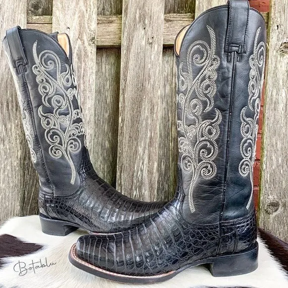 STETSON Handcrafted Caiman Exotic Square Toe Black Cowgirl Cowboy Western Boots