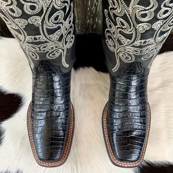 STETSON Handcrafted Caiman Exotic Square Toe Black Cowgirl Cowboy Western Boots