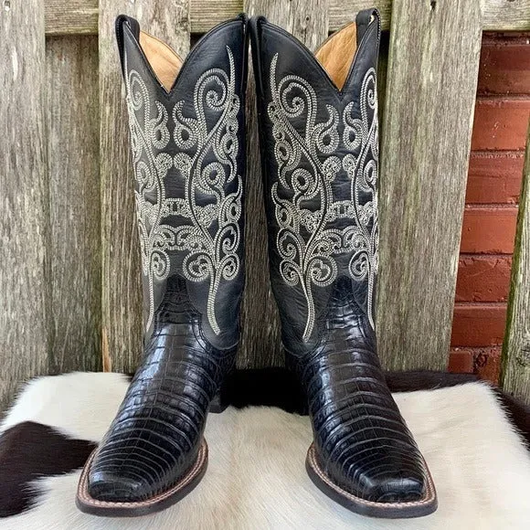 STETSON Handcrafted Caiman Exotic Square Toe Black Cowgirl Cowboy Western Boots