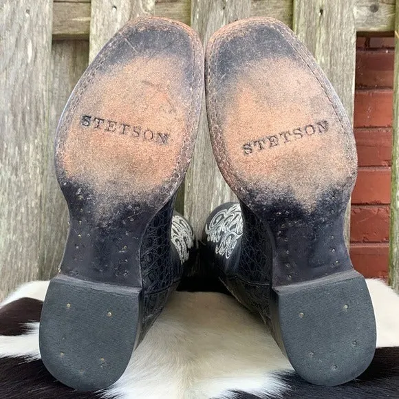 STETSON Handcrafted Caiman Exotic Square Toe Black Cowgirl Cowboy Western Boots