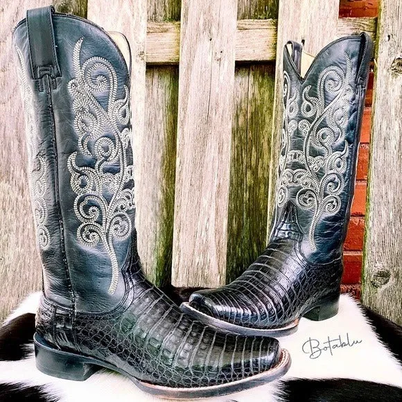 STETSON Handcrafted Caiman Exotic Square Toe Black Cowgirl Cowboy Western Boots