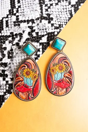 Sunflower Boots Faux Leather Teardrop Earrings