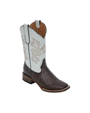 TANNER MARK YOUTH Shane Ostrich Print Brown Western Youth Boots Bone Top