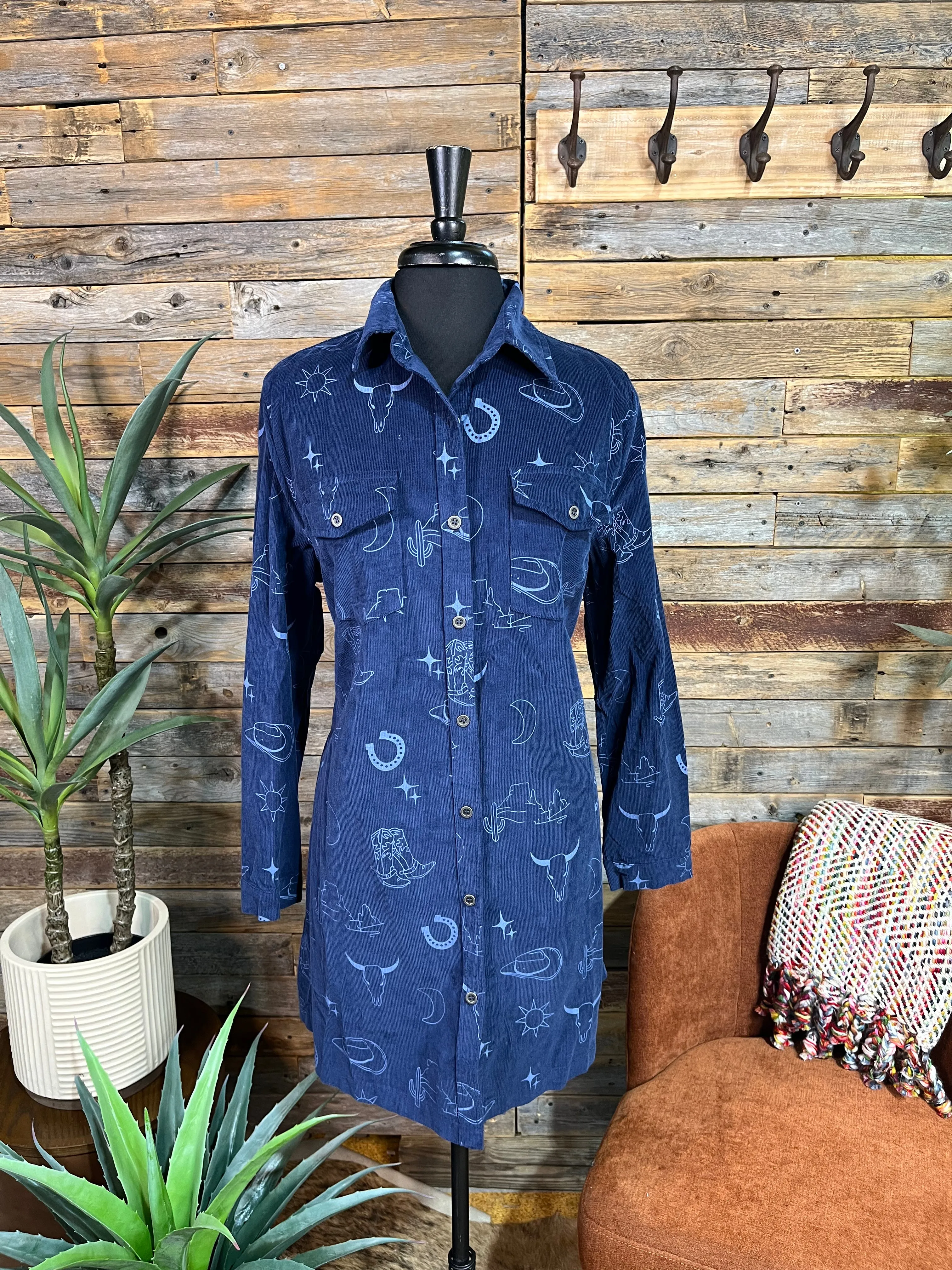 Western Graphic Corduroy Blue Dress