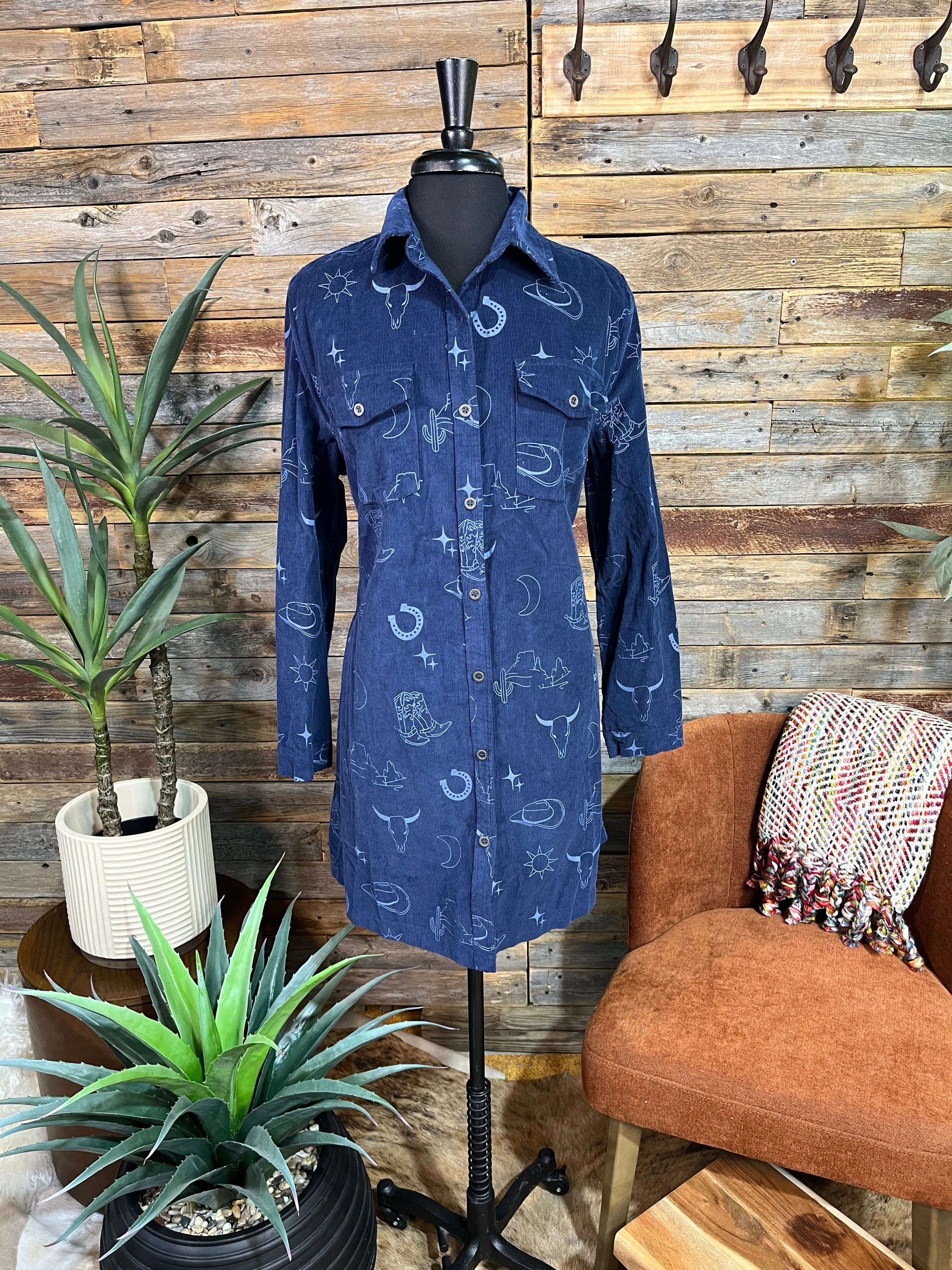 Western Graphic Corduroy Blue Dress
