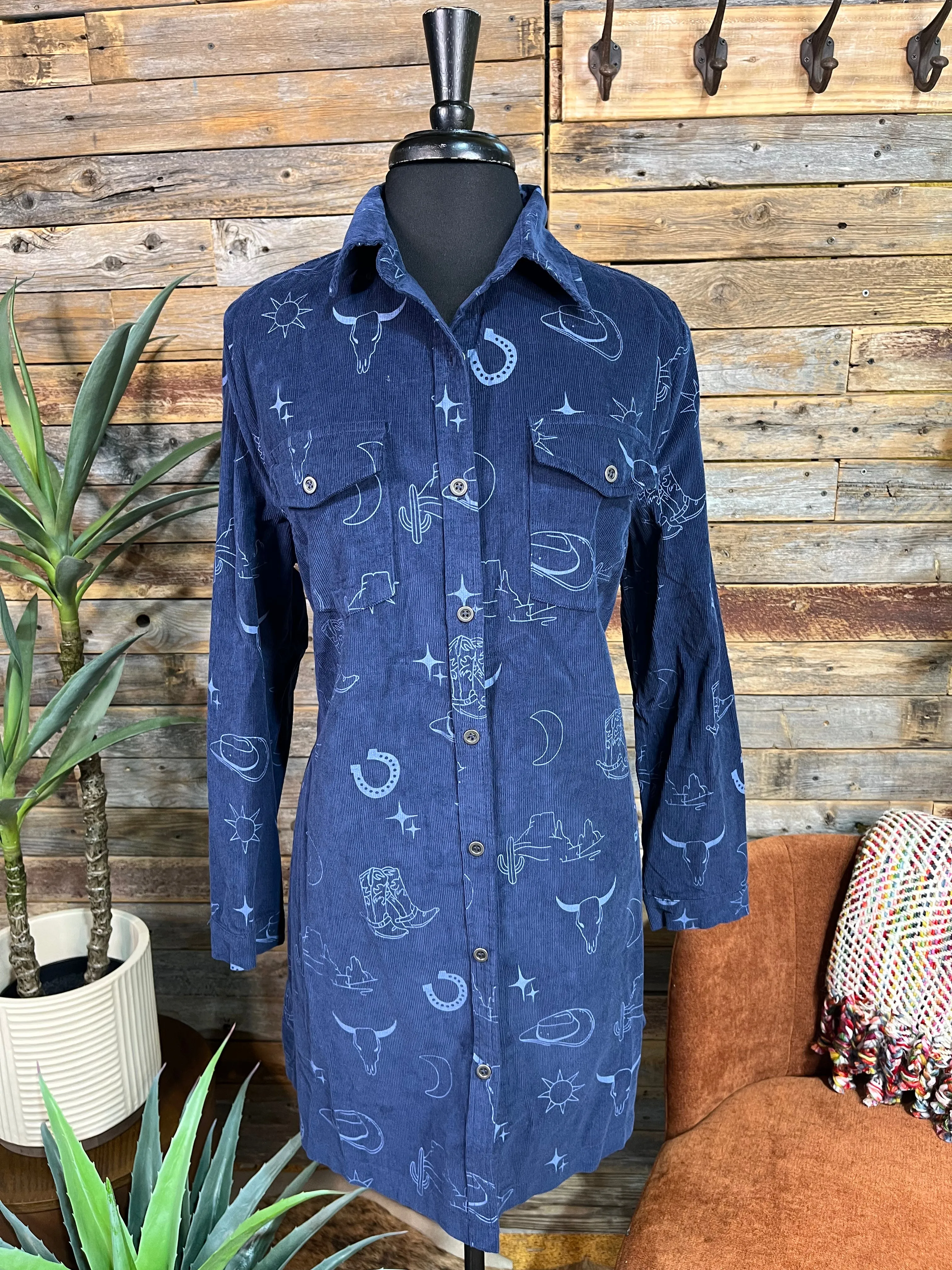 Western Graphic Corduroy Blue Dress