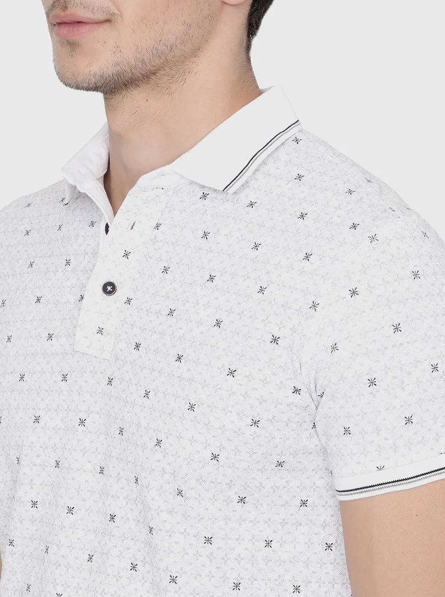 White Printed Slim Fit Polo T-Shirt | JadeBlue