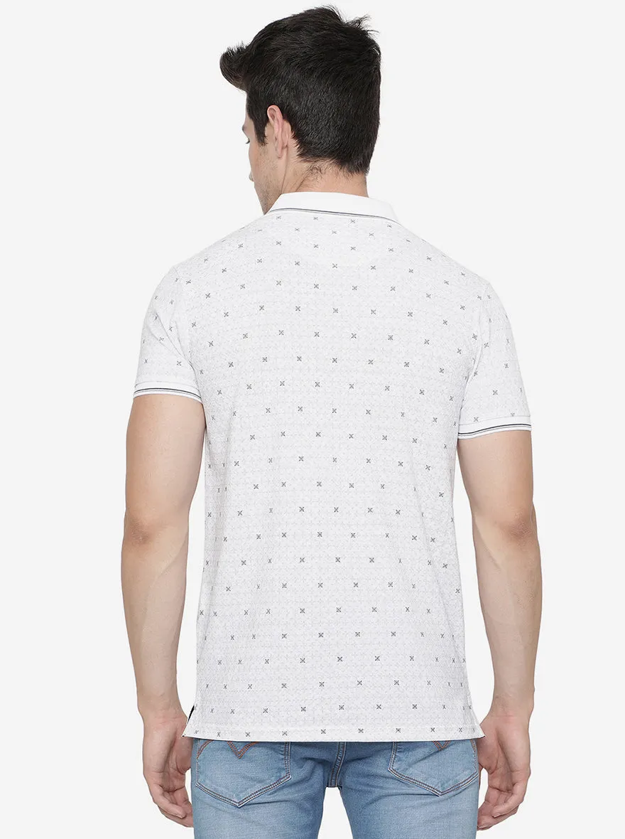 White Printed Slim Fit Polo T-Shirt | JadeBlue