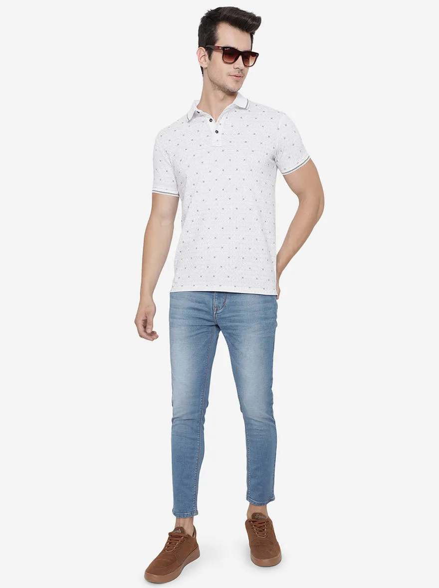 White Printed Slim Fit Polo T-Shirt | JadeBlue