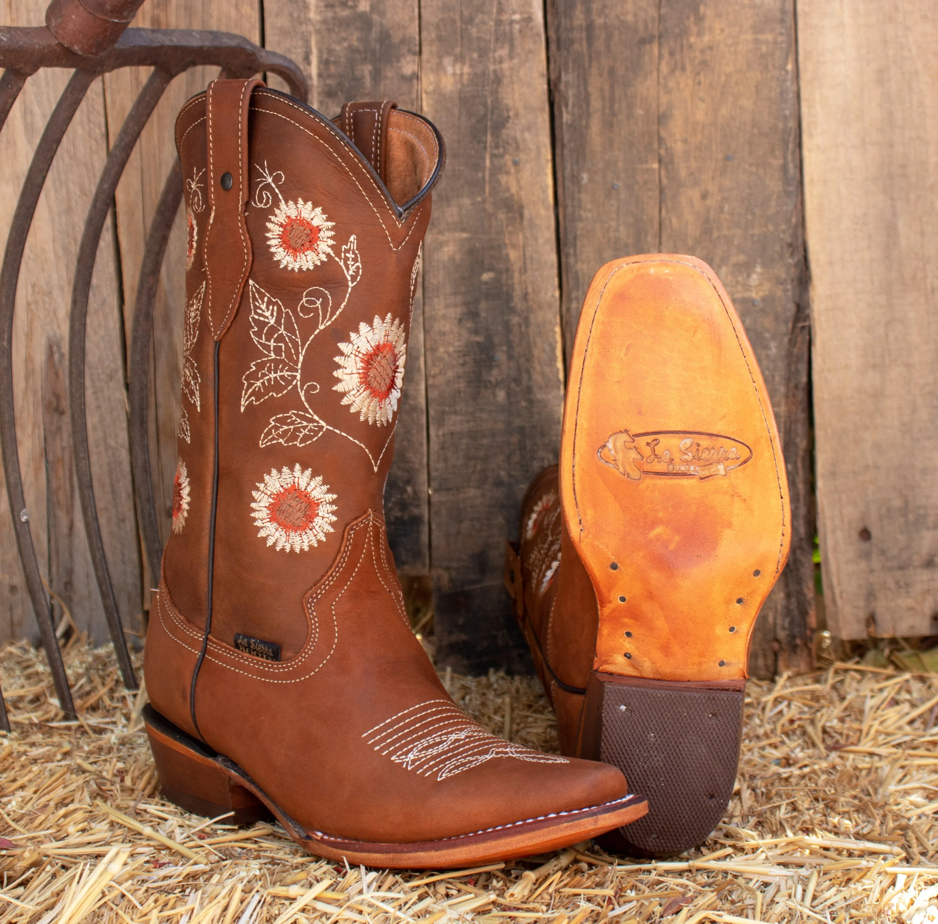 WOMENS LEATHER EMBROIDERED SUNFLOWER SQUARE TOE RODEO COWGIRL BOOTS