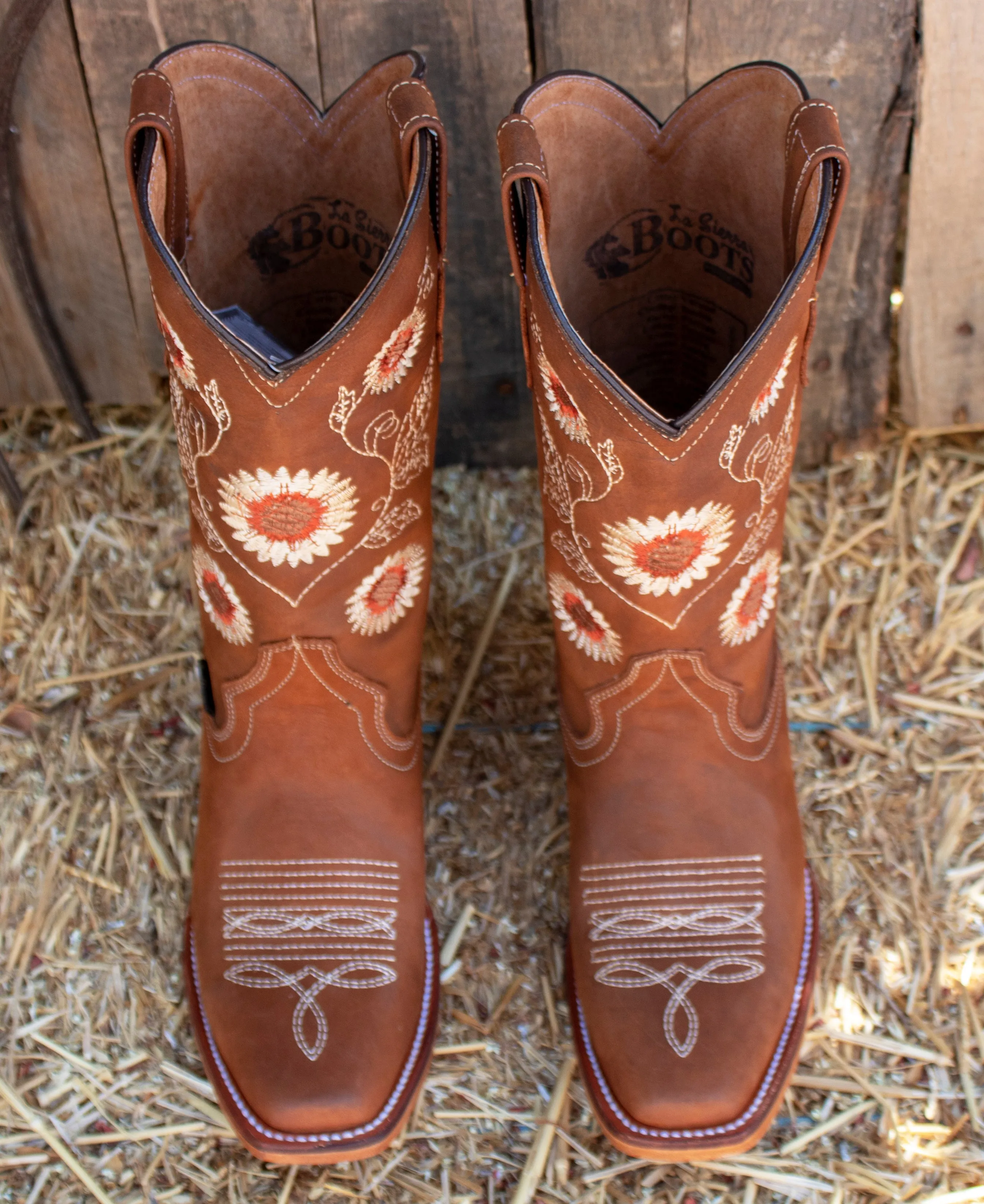 WOMENS LEATHER EMBROIDERED SUNFLOWER SQUARE TOE RODEO COWGIRL BOOTS