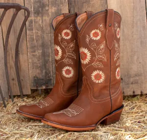 WOMENS LEATHER EMBROIDERED SUNFLOWER SQUARE TOE RODEO COWGIRL BOOTS