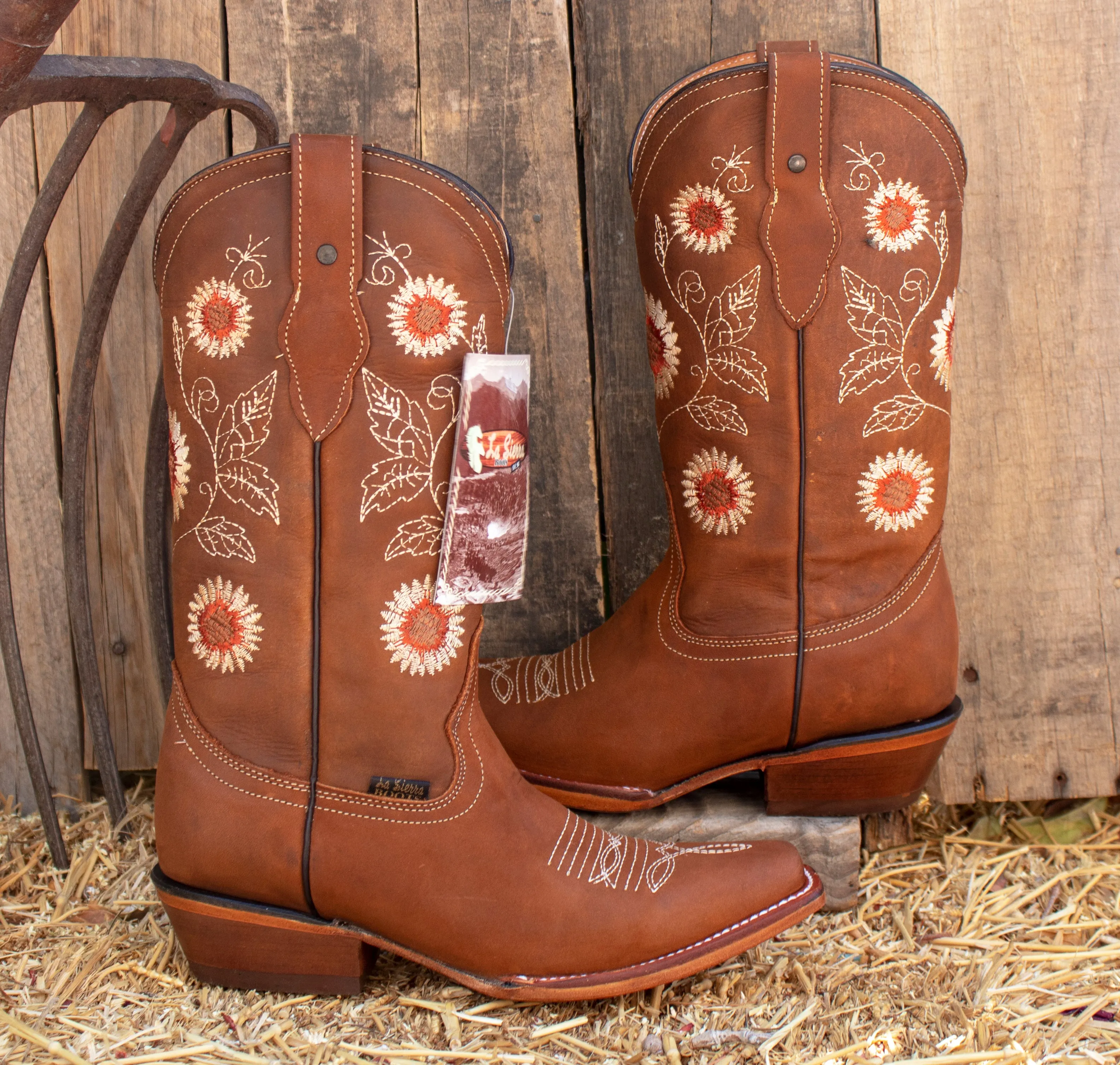 WOMENS LEATHER EMBROIDERED SUNFLOWER SQUARE TOE RODEO COWGIRL BOOTS
