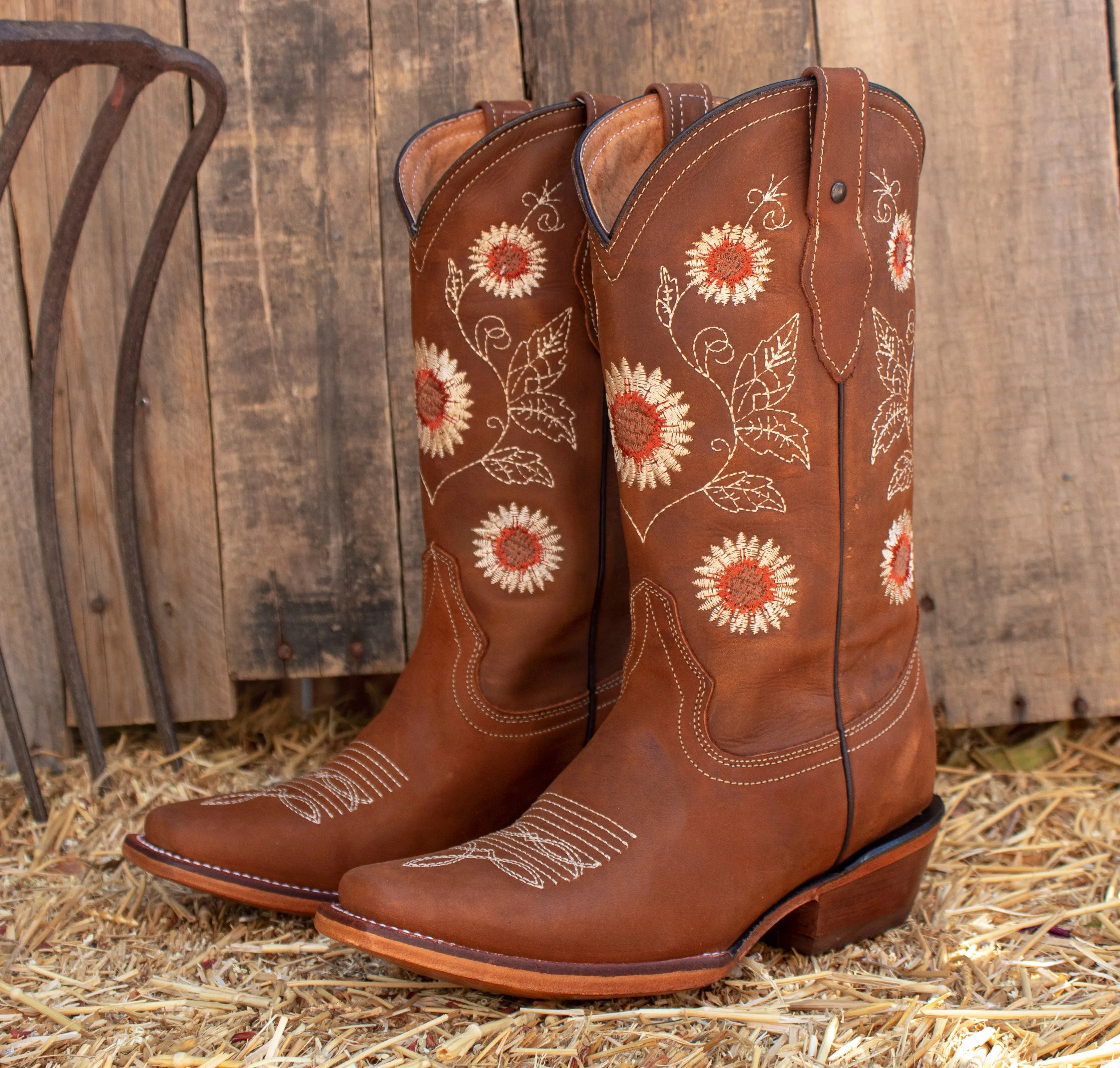 WOMENS LEATHER EMBROIDERED SUNFLOWER SQUARE TOE RODEO COWGIRL BOOTS