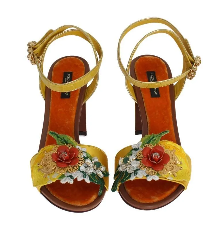Yellow Floral Crystal Leather Sandals