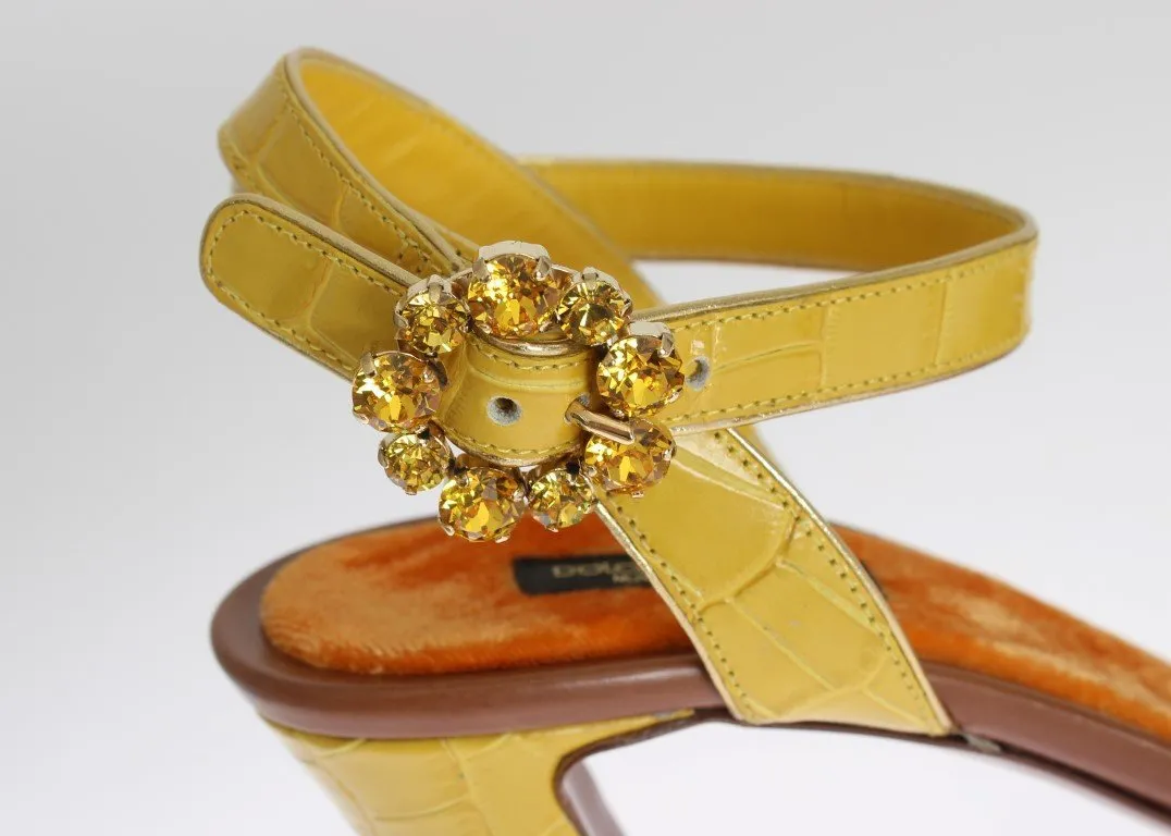 Yellow Floral Crystal Leather Sandals